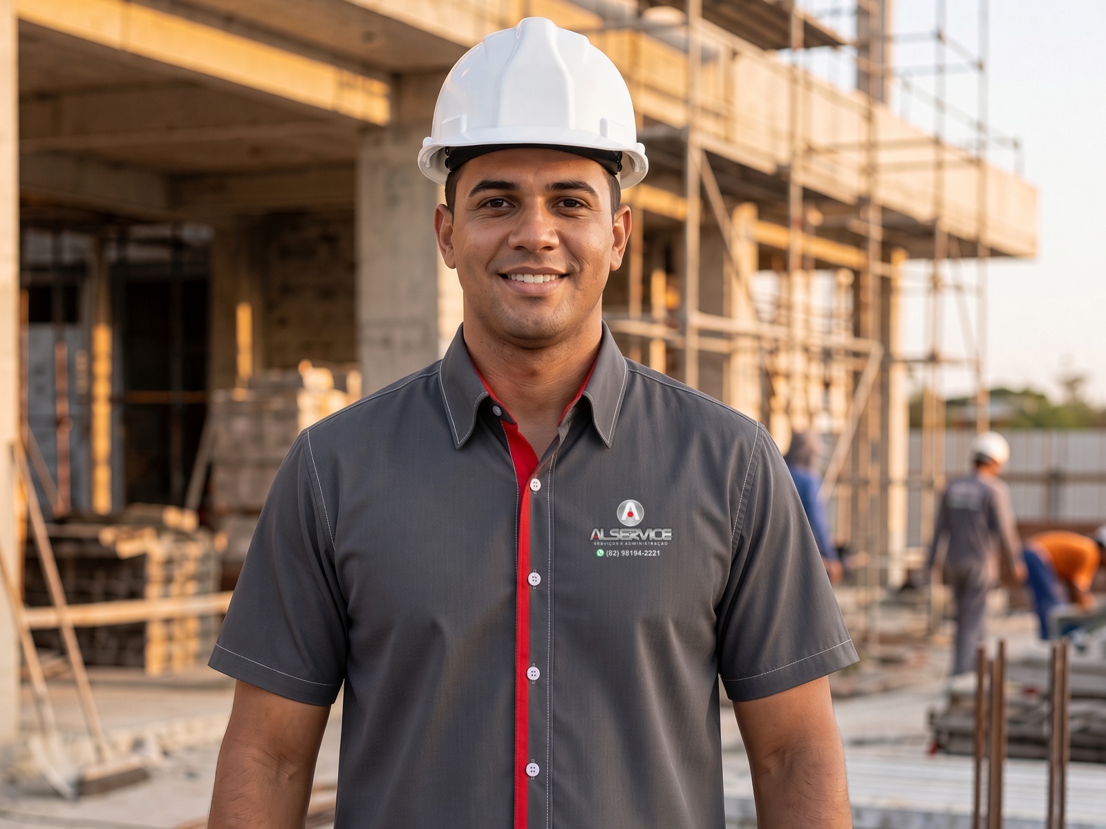 Profissional da Alservice com uniforme e capacete em uma obra